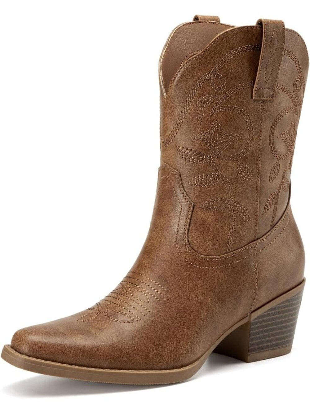 Women's Tan Square Toe Chunky Heel Cowgirl Boots Western Short Booties Slip-On